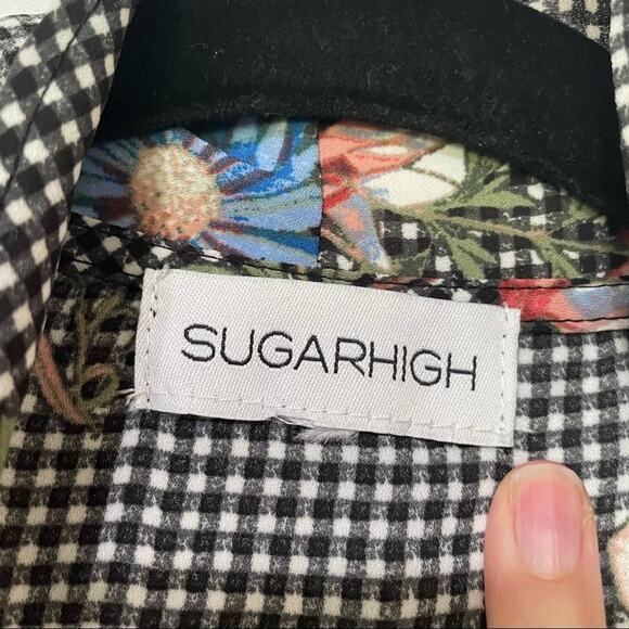 Sugar High Gingham Floral Ruffled Wrap Blouse Womens L Romantic Flutter Sleeve - Picture 14 of 14